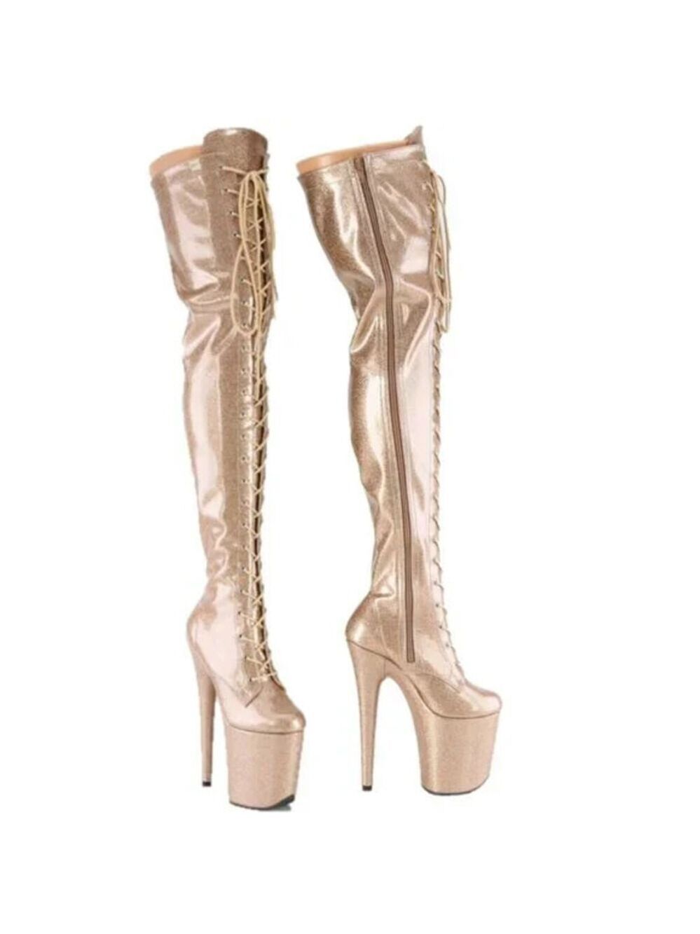 NIB Flamingo 3020 Gold Glitter Patent 3020 Thigh High 4" Platform Boots 8" Heels